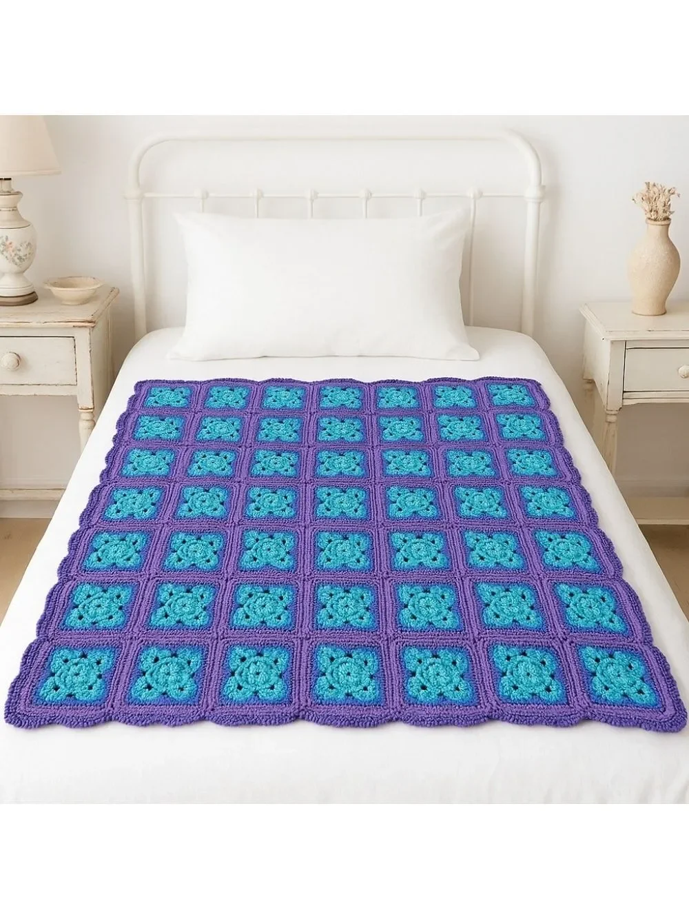 Hand Crafted Purple Blue Aqua Crochet Blanket Granny Square Throw